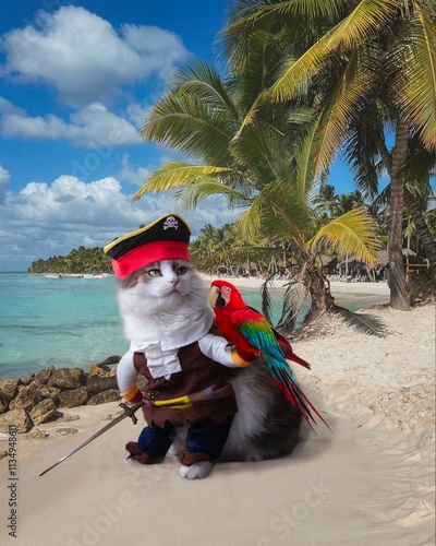 Billede på lærred Fluffy pirate on the beach of the Caribbean Sea