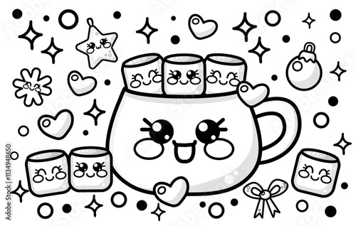 Cute vector outline coloring page of coffee cup, mug with marshmallow in kawaii cutie style. Vector doodle illustration for coloring book, clipart for children, kids