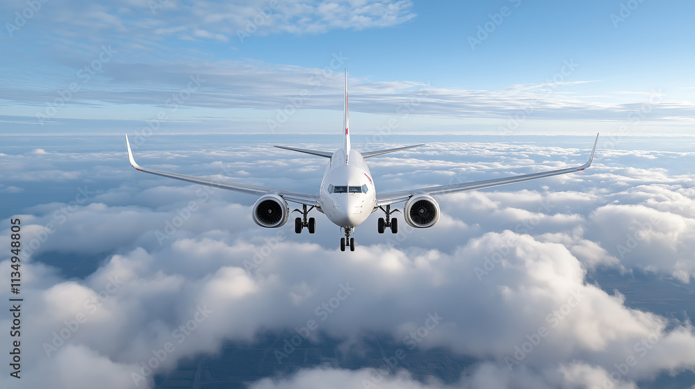 Obraz premium Wide angle shot of a passenger plane flying above the clouds and a clear sky, shot in high resolution ,soft style,airplane,landing.