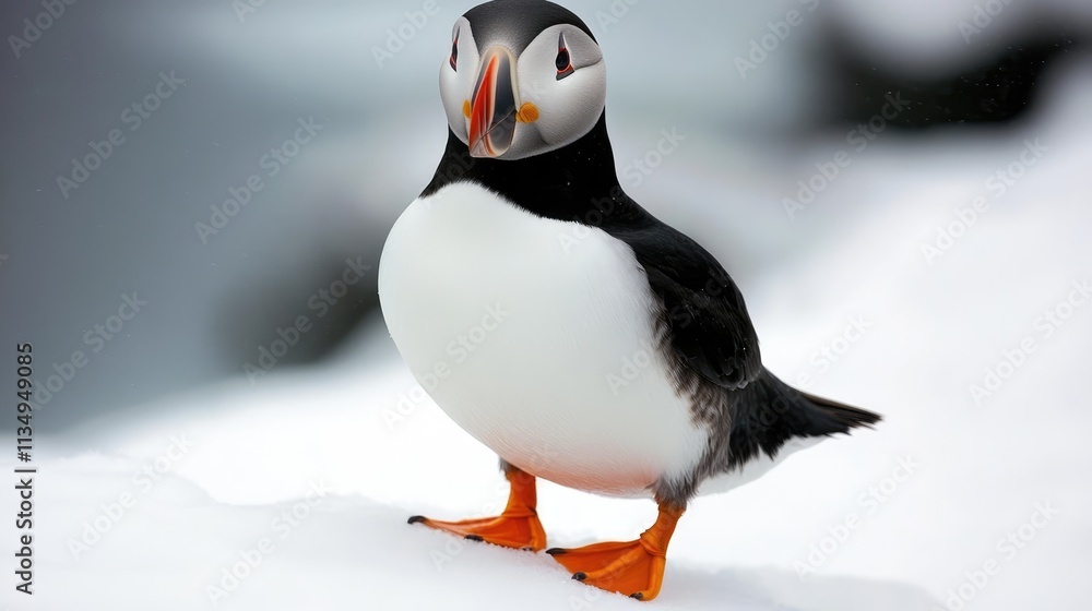 Obraz premium Puffin standing on a snowy coastline showcasing its distinctive colorful beak and charming posture against a blurred background