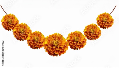 Bright Yellow Orange Marigold Flower Garland on White Background Copy Space. Traditional Decoration for Day of the Dead, Mexican Festivals, Diwali Celebrations, Spiritual Offerings and Cultural Events photo