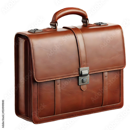 a brown leather briefcase.
The briefcase has a single handle on the top, with two metal clasps. The briefcase has a metal latch and keyhole. 