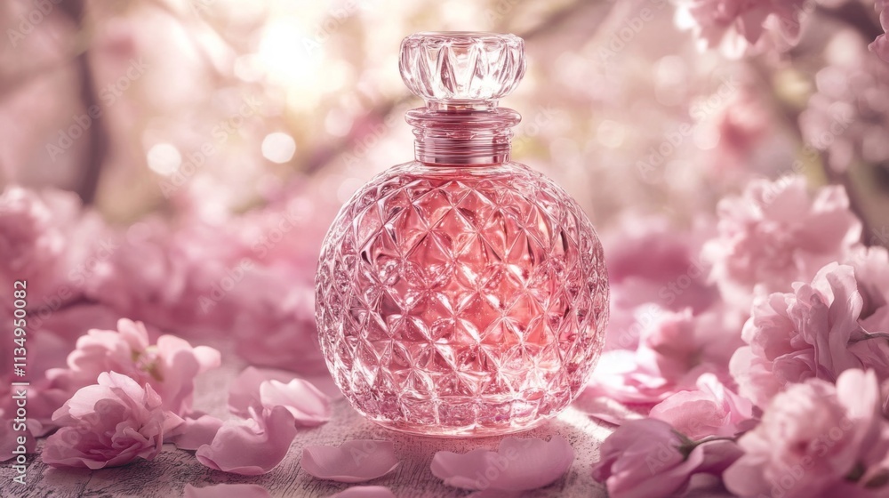 Elegant Perfume Bottle Amidst Delicate Pink Blossoms Elegant Perfume Bottle Amidst Delicate Pink Blossoms