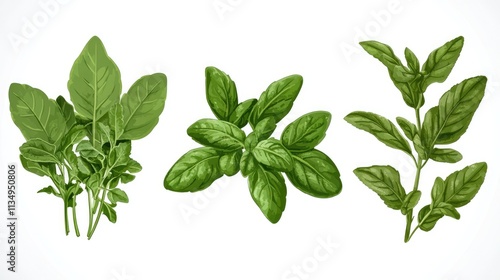 Fresh herbs and spices assortment on white background showcasing vibrant green leaves for culinary and health applications