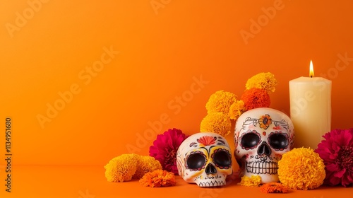 A cultural and festive representation of Dia de los Muertos with sugar skulls, marigold flowers, and candles against a vibrant orange background photo