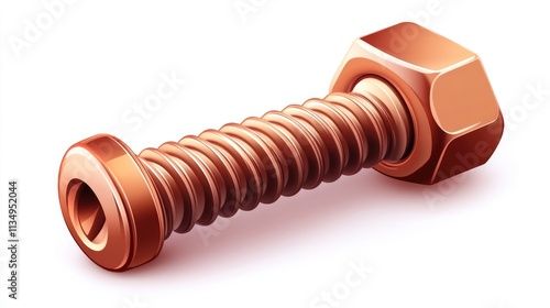 Copper screw and nut for machinery connection displayed on a white background showcasing industrial hardware details and design elements. photo