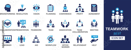 Teamwork icon set collection. Brainstorming, resolution, vision, planning, conference, profit, agreement, collaboration, presentation, teamwork, association and best solid icon set.