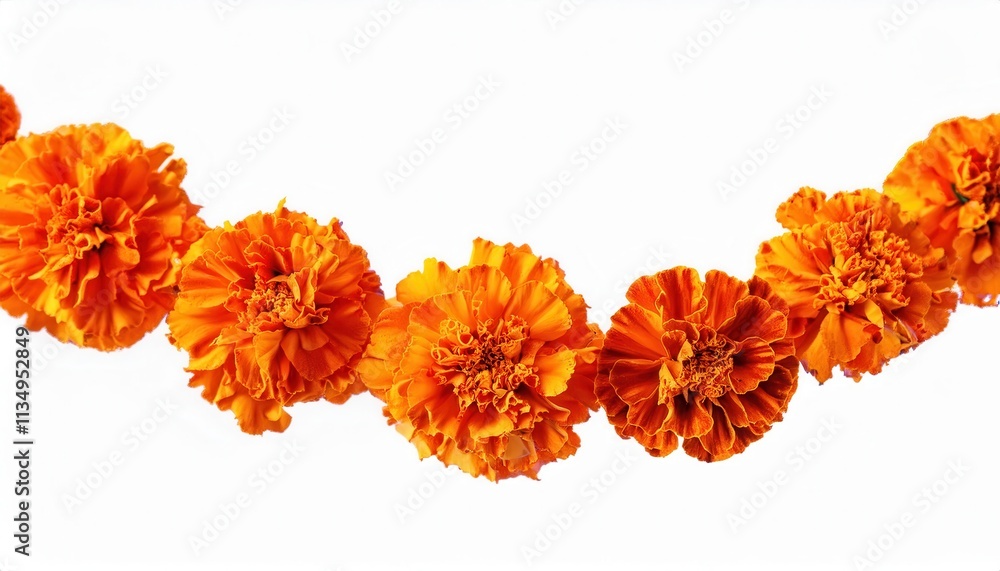 Vibrant Orange Marigold Garland on White Background Copy Space. Symbol of Day of the Dead Festivities, Honoring Ancestors with Traditional Mexican Flowers for Altars, Decorations, and Celebrations Vibrant Orange Marigold Garland on White Background Copy Space. Symbol of Day of the Dead Festivities, Honoring Ancestors with Traditional Mexican Flowers for Altars, Decorations, and Celebrations