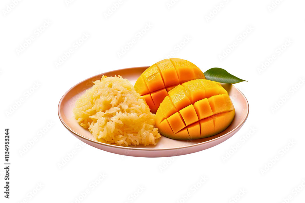 Sticky rice served with fresh mango on a plate ready to enjoy Sticky rice served with fresh mango on a plate ready to enjoy
