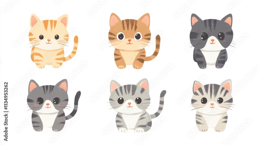 Obraz premium Cute striped kittens in various colors on a white background ideal for children's designs or pet-themed projects.