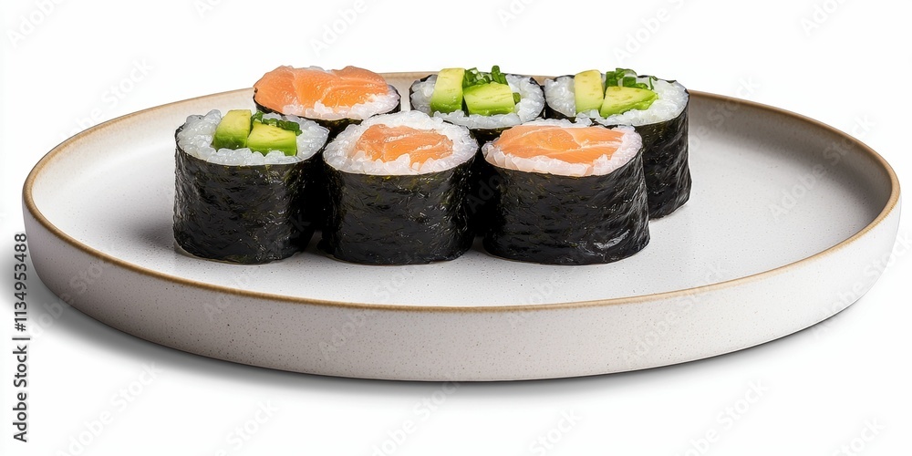 Sushi rolls with salmon and avocado on a plate.
