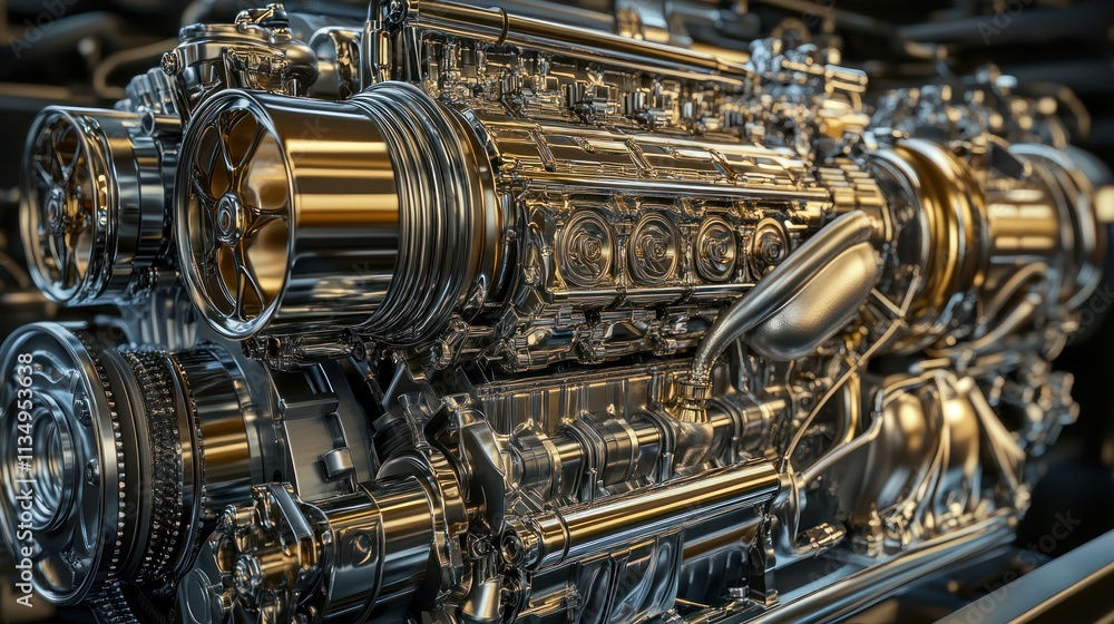 Close-up of a powerful, gleaming engine. Close-up of a powerful, gleaming engine.