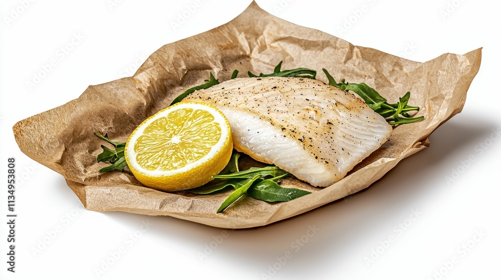 Fresh fish fillet with lemon on parchment paper. Fresh fish fillet with lemon on parchment paper.