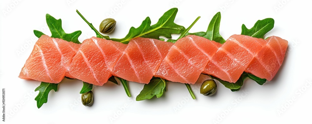 Fresh salmon slices on a bed of arugula and capers Fresh salmon slices on a bed of arugula and capers