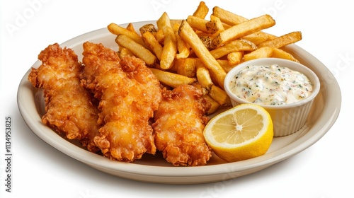 Crispy fish and fries with lemon and tartar sauce photo