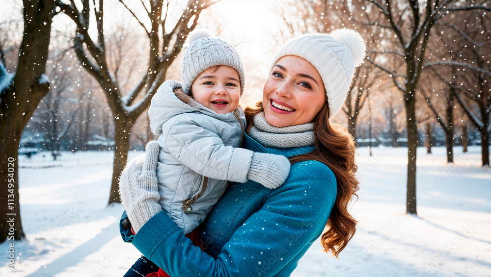 Happy mother holding her joyful baby in a snowy winter park setting Happy mother holding her joyful baby in a snowy winter park setting
