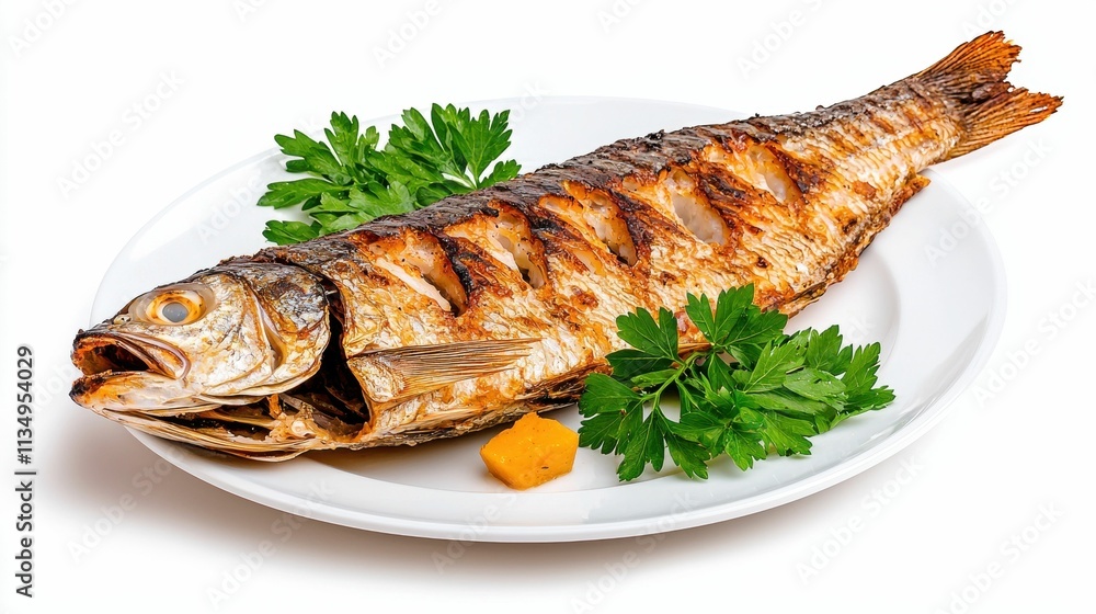 Grilled fish garnished with parsley on a white plate. Grilled fish garnished with parsley on a white plate.