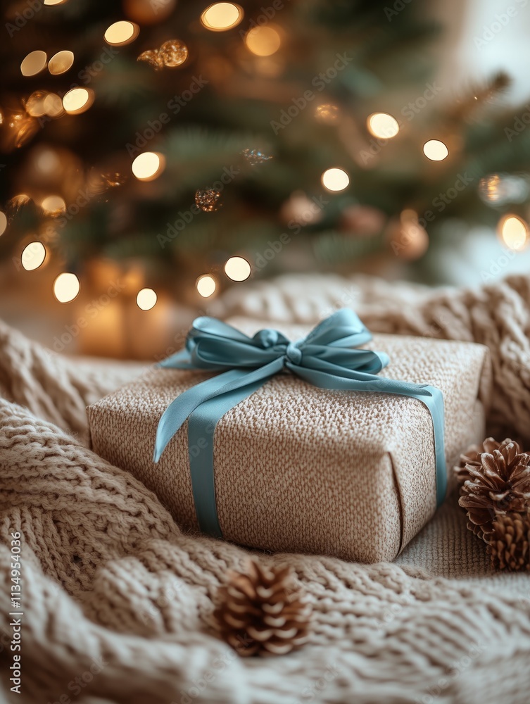 Christmas gift wrapped in burlap resting on cozy knitted blanket Christmas gift wrapped in burlap resting on cozy knitted blanket