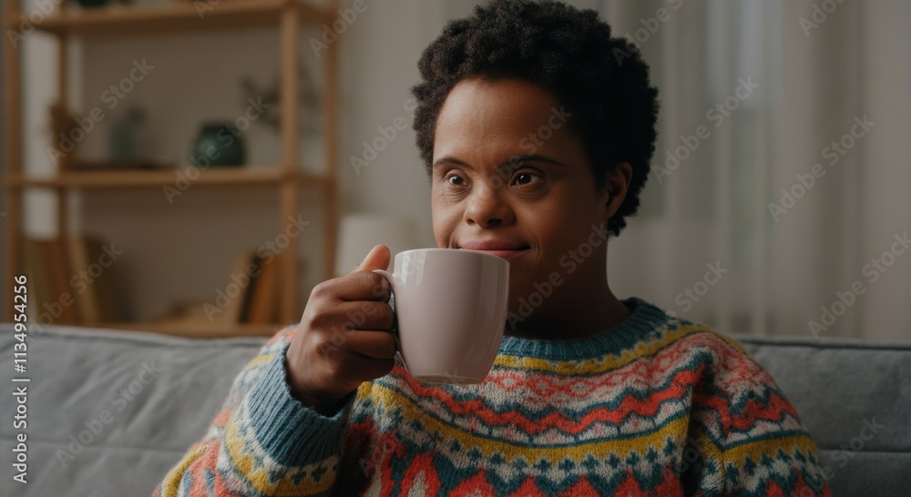 Cozy afternoon indoors with smiling african female adult enjoying a warm beverage Cozy afternoon indoors with smiling african female adult enjoying a warm beverage