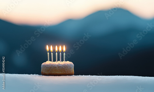 Captivating Winter Birthday Scene: Cake with Candles on a Snowy Mountain Morning photo