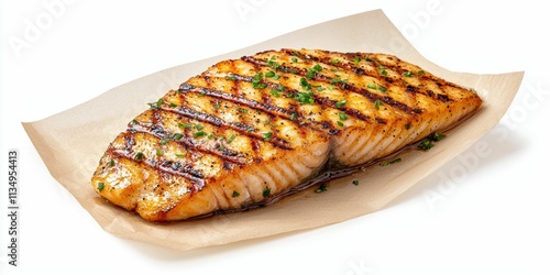 Grilled salmon fillet on parchment paper with herbs. photo