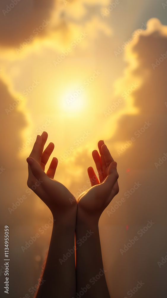 Hands in Prayer Under Golden Sunlight Hands in Prayer Under Golden Sunlight