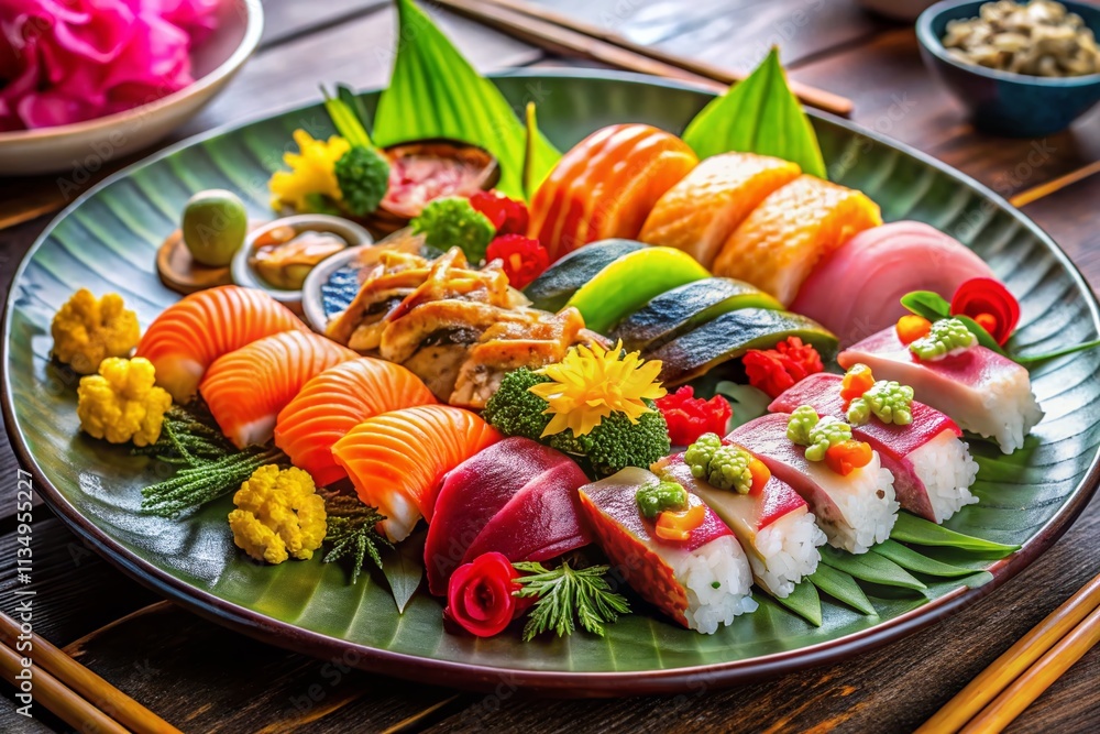 Exquisite Buffet Display of Assorted Sushi and Sashimi on Elegant Platter, Showcasing Vibrant Colors and Artful Presentation for Culinary Enthusiasts and Food Photography Lovers