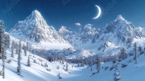 Snowy peaks loom under a crescent moon, exuding tranquility and nighttime beauty