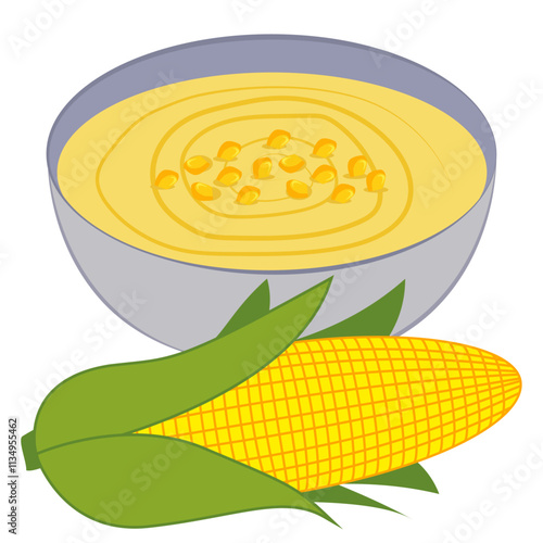 bowl with corn soup and fresh corn.