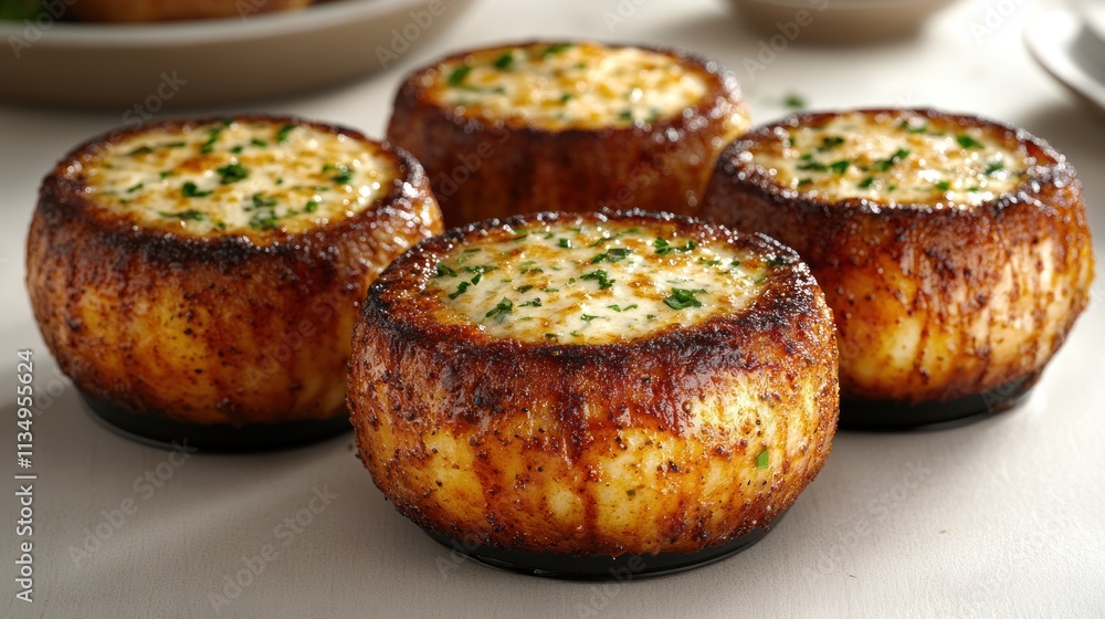 Delicate cheese pots with a golden crust are beautifully arranged, ready to be savored Delicate cheese pots with a golden crust are beautifully arranged, ready to be savored