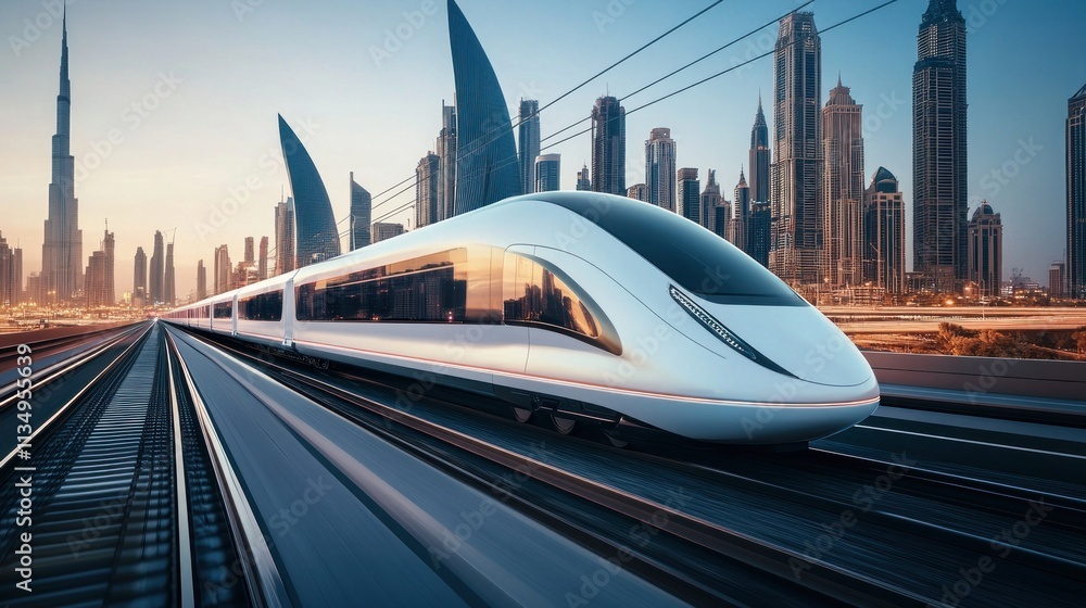 Futuristic High-Speed Train Zooming Through Modern Cityscape at Dawn Futuristic High-Speed Train Zooming Through Modern Cityscape at Dawn