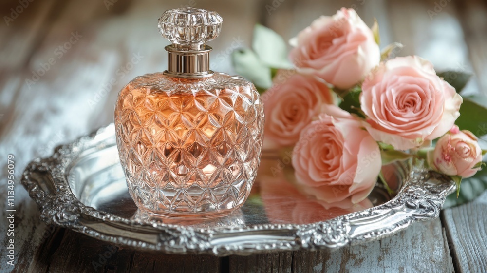 Elegant Perfume Bottle With Pink Roses On Silver Tray Elegant Perfume Bottle With Pink Roses On Silver Tray
