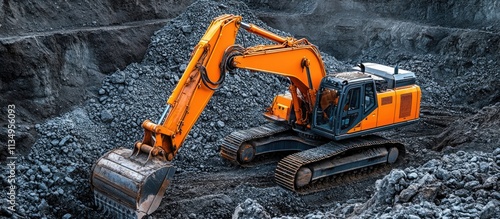 Orange excavator digging in a quarry.
