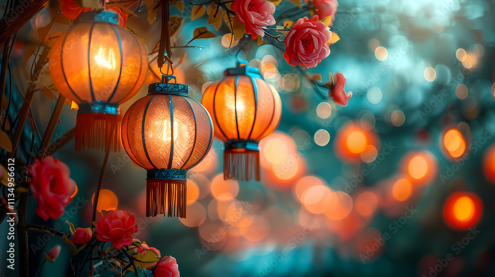 Lanterns of Festivity: A cluster of glowing red lanterns hang amidst a blur of red roses, creating a warm, festive ambiance perfect for celebrations and special occasions. Lanterns of Festivity: A cluster of glowing red lanterns hang amidst a blur of red roses, creating a warm, festive ambiance perfect for celebrations and special occasions.