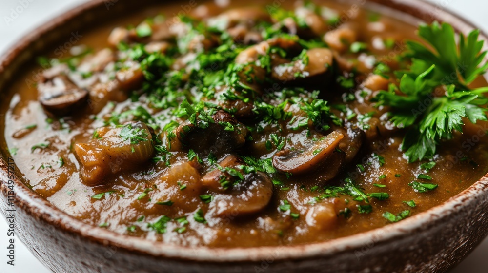 A warm bowl of rich mushroom stew topped with vibrant green herbs, inviting comfort and flavor A warm bowl of rich mushroom stew topped with vibrant green herbs, inviting comfort and flavor