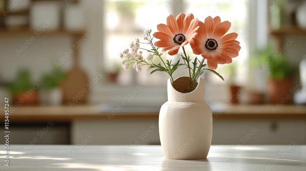 Bright orange flowers in a white vase bring beauty and cheer to a cozy kitchen setting Bright orange flowers in a white vase bring beauty and cheer to a cozy kitchen setting