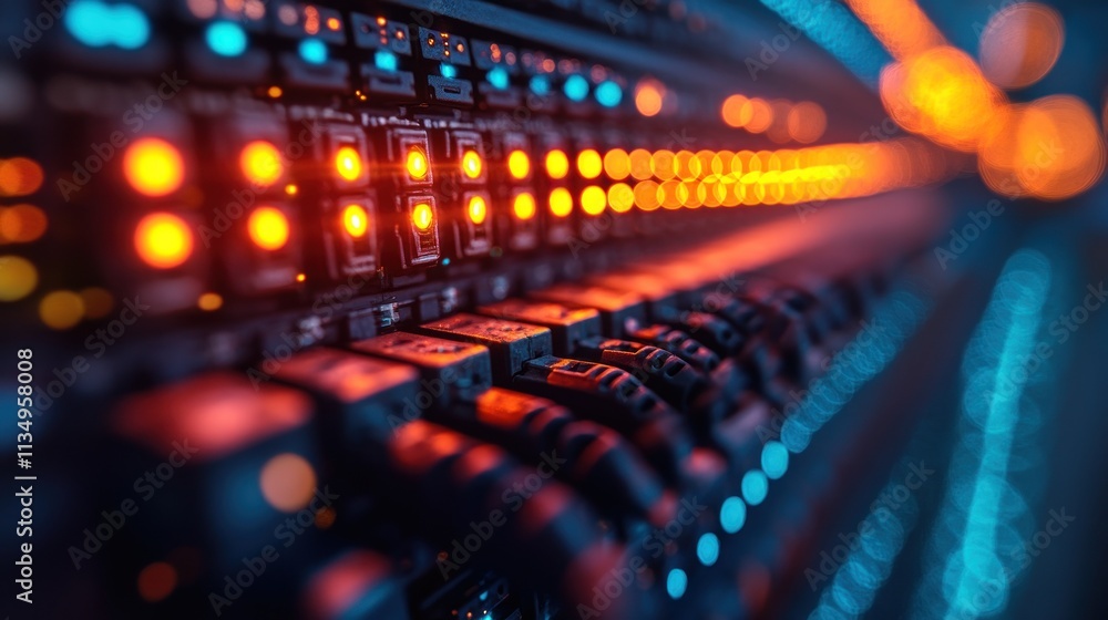 Vibrant lights illuminate a sophisticated control panel filled with intricate technology Vibrant lights illuminate a sophisticated control panel filled with intricate technology