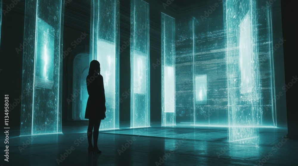 Woman viewing futuristic cyan digital art installations. Woman viewing futuristic cyan digital art installations.