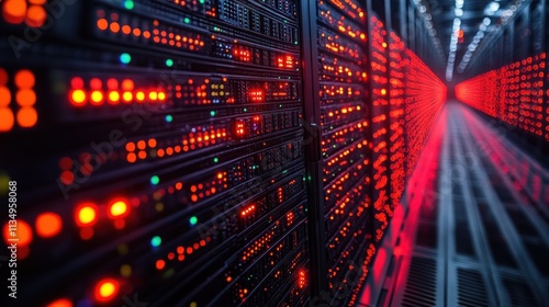 Rows of servers glow with bright red lights, highlighting the intensity of data processing