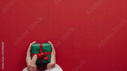 Photo of Santa Claus's hands holding a green gift box 