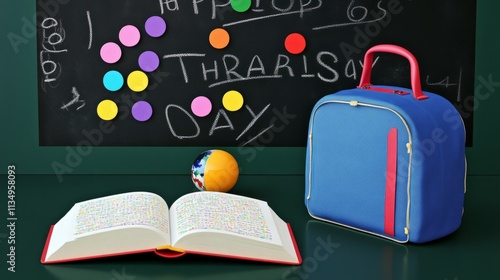 Happy Teachers Day. School backpack and open book on blackboard background with chalkdrawing dooles and lettering. Vector illustration photo