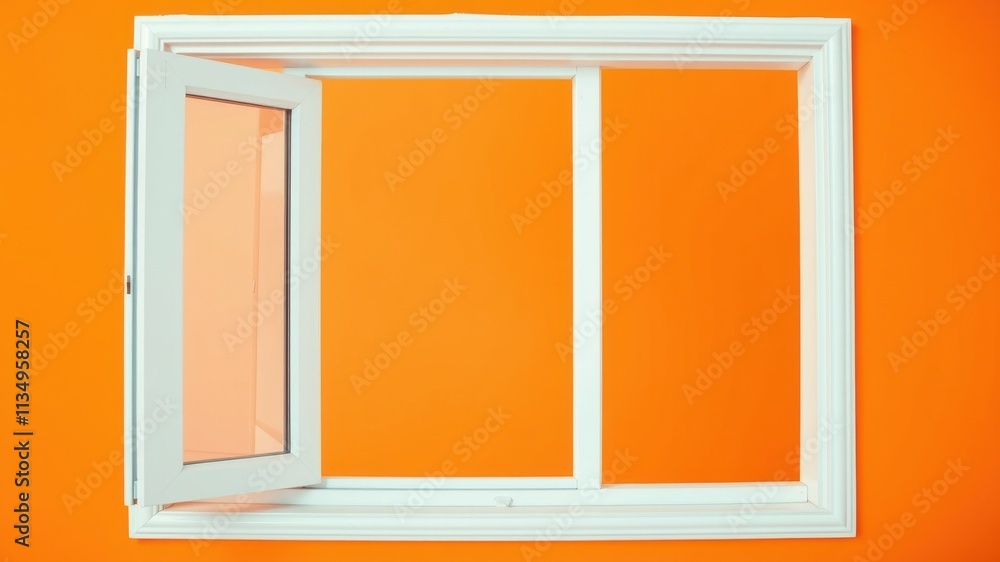 A white window frame with a single pane of glass, open slightly, set against a vibrant orange wall.