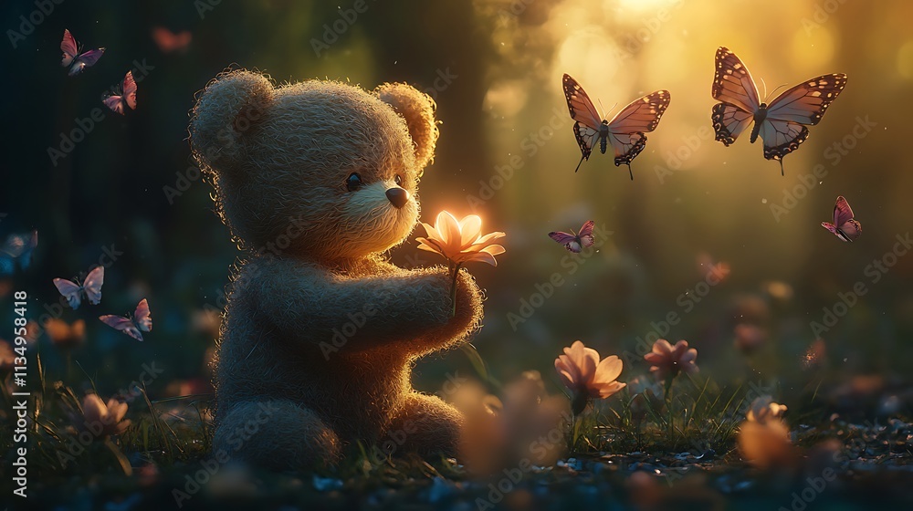 Teddy Bear Holding a Glowing Flower in a Sunlit Forest with Butterflies Teddy Bear Holding a Glowing Flower in a Sunlit Forest with Butterflies