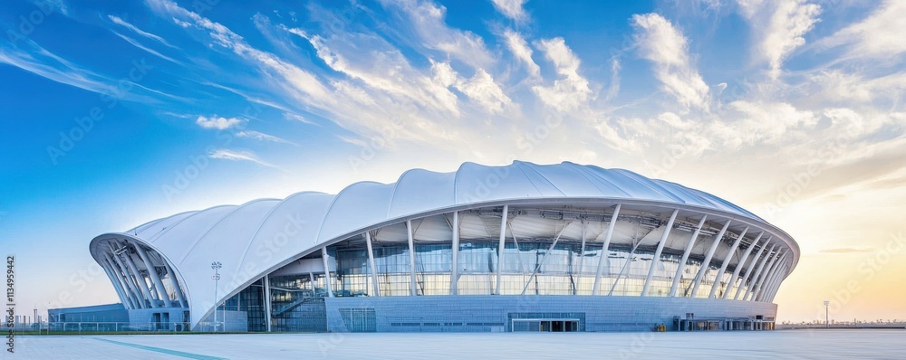 A sleek, modern stadium structure under a clear blue sky, showcasing a contemporary architectural design. A sleek, modern stadium structure under a clear blue sky, showcasing a contemporary architectural design.
