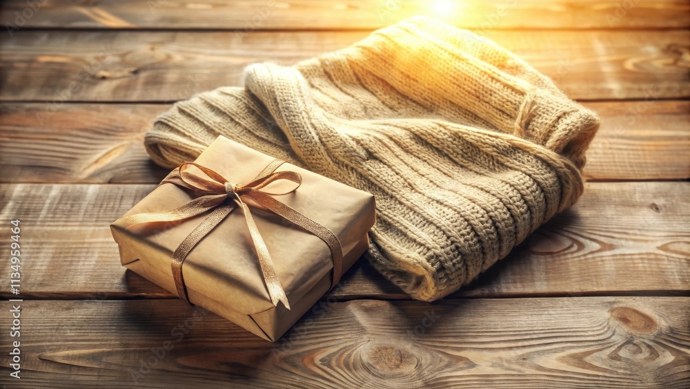 A Rustic Gift Wrapped in Brown Paper with a Golden Ribbon Lies Next to a Folded Knit Sweater on a Wooden Surface A Rustic Gift Wrapped in Brown Paper with a Golden Ribbon Lies Next to a Folded Knit Sweater on a Wooden Surface
