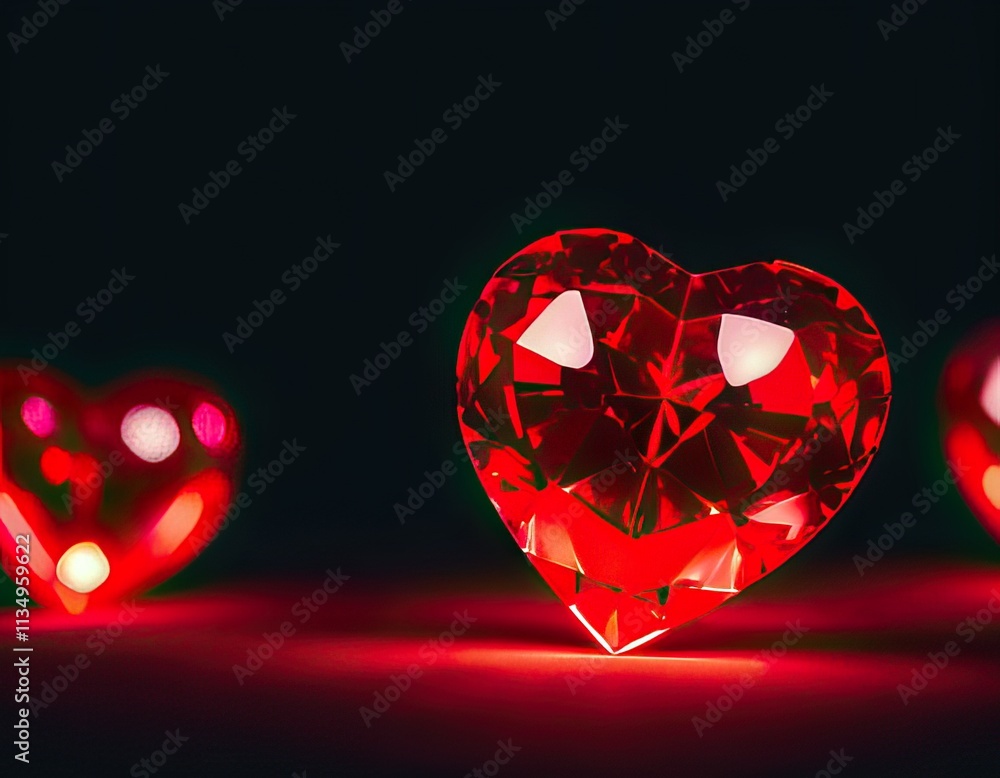 Shiny red crystal heart on a dark background with glowing light, copy space Shiny red crystal heart on a dark background with glowing light, copy space