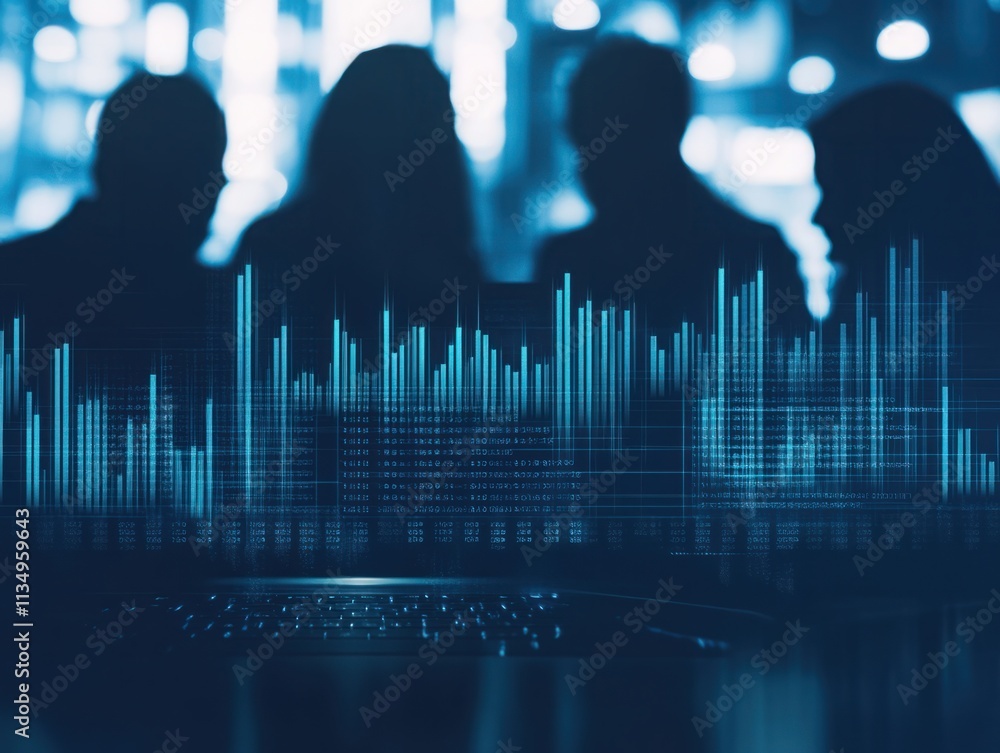 Abstract Financial Data Visualization with Chart and Silhouetted Business People in Meeting Room Setting Representing Analytics and Investment Strategy Abstract Financial Data Visualization with Chart and Silhouetted Business People in Meeting Room Setting Representing Analytics and Investment Strategy