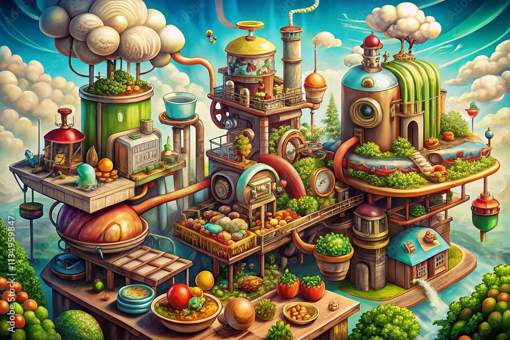 Fantasy Technology Factory Illustration with Decorative Machine Sketch Elements in a Whimsical Food Photography Style, Showcasing Imaginative Culinary Creations and Surreal Equipment Fantasy Technology Factory Illustration with Decorative Machine Sketch Elements in a Whimsical Food Photography Style, Showcasing Imaginative Culinary Creations and Surreal Equipment