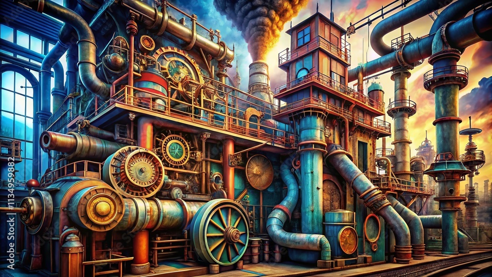 Fototapeta premium Fantasy Steampunk Machine with Intricate Pipes in Hand-Drawn Bold Sketch Style, Capturing the Essence of Imagination and Innovation in Architectural Photography