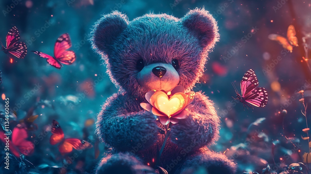 A plush teddy bear holds a glowing heart-shaped flower in a whimsical forest setting with butterflies fluttering around. A plush teddy bear holds a glowing heart-shaped flower in a whimsical forest setting with butterflies fluttering around.